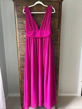 Lulu's Vibrant Fuchsia Formal Deep V Maxi Dress, Size XL